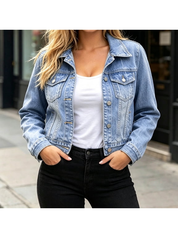 Womens Light Jacket Baeitkot Women's Collar Long Sleeved Solid Color Hatless Button Pocket Denim Jacket Outwear