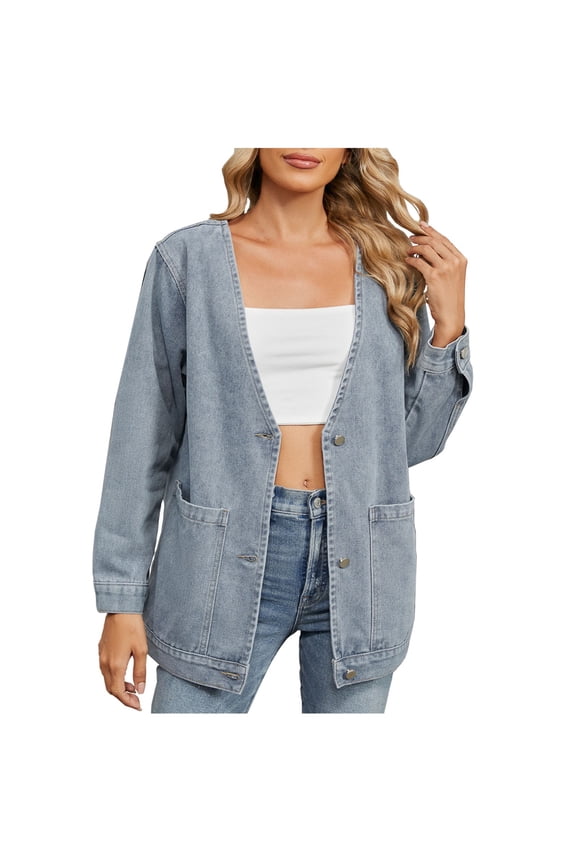 Womens Light Jacket Women's Casual Loose Oversized Denim Jacket Long Sleeved V-Neck Button Jean Jacket Coat Tops Lightweight Zip up Sweatshirts for Women S-47 Blue S