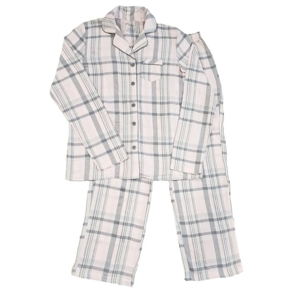 Womens Light Pink Gray Silver Sparkle Long Sleeve Flannel Pajama PJ Sleep Set XS