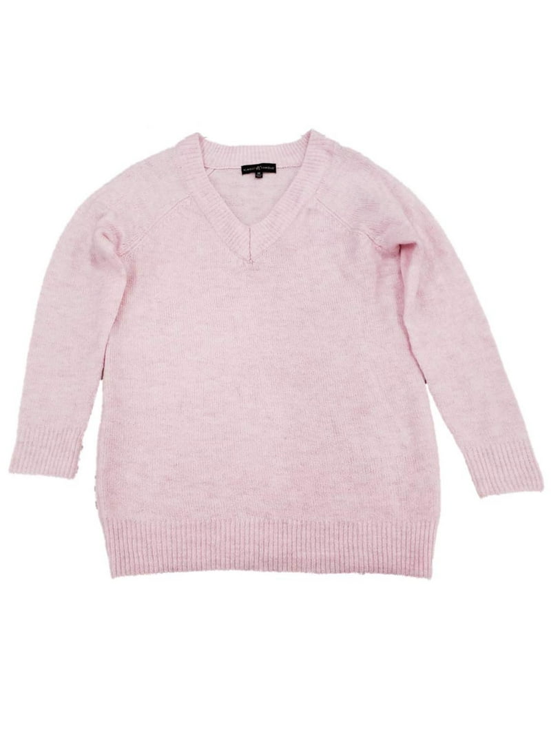 Womens Light Pink V Neck Long Sleeve Knit Winter Sweater Top M