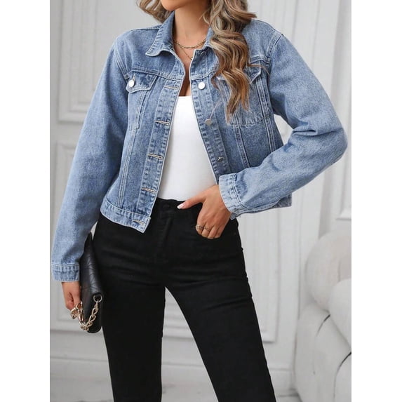 Womens Light Wash-4 Cropped Trucker Denim Jacket With Button Front