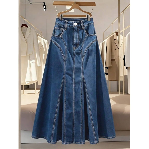 Womens Light Wash Denim Midi Skirt With Pockets A-Line Flare Style