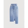 thumbnail image 1 of Womens Light Wash Denim Skirt With Front Slit And Asymmetrical Hem, 1 of 10