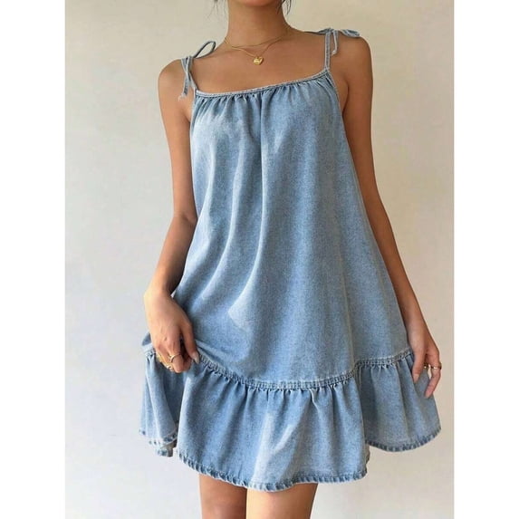 Womens Light Wash Denim Strap Mini Dress, Casual A-Line With Ruffle Hem