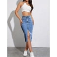 thumbnail image 1 of Womens Light Wash Stretch Denim Midi Skirt With Front Slit, 1 of 10