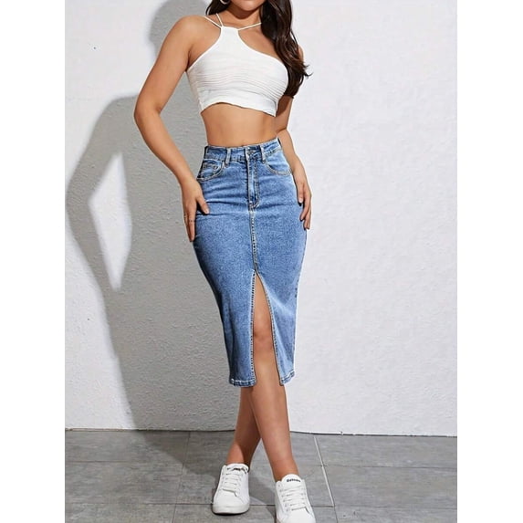Womens Light Wash Stretch Denim Midi Skirt With Front Slit