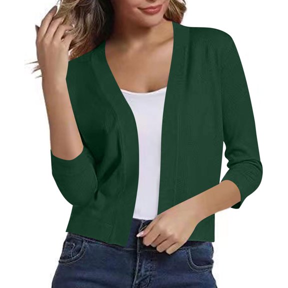 Womens Light Weight Cardigans for Fall 3/4 Length Sleeve Open Front Cropped Sweaters Trendy Bolero Shrugs Tops Army Green, M