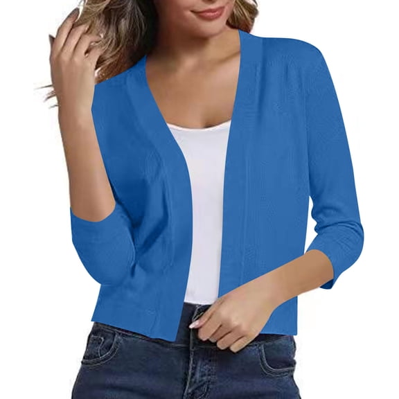Womens Light Weight Cardigans for Fall 3/4 Length Sleeve Open Front Cropped Sweaters Trendy Bolero Shrugs Tops Blue, M
