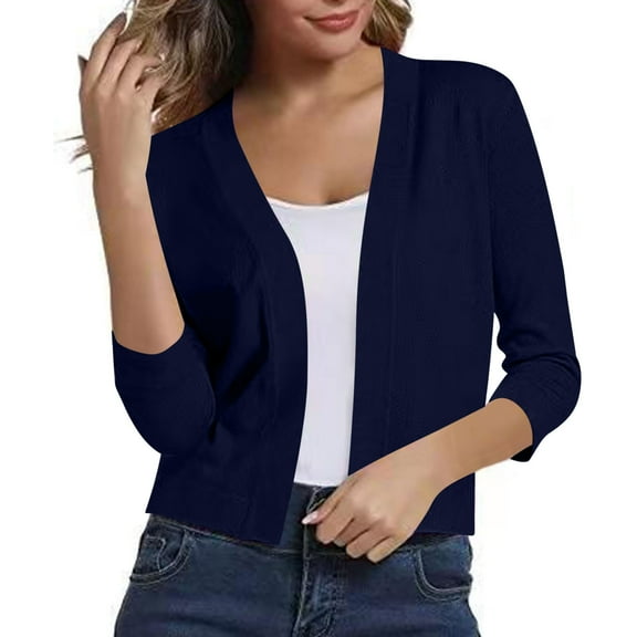 Womens Light Weight Cardigans for Fall 3/4 Length Sleeve Open Front Cropped Sweaters Trendy Bolero Shrugs Tops Dark Blue, S