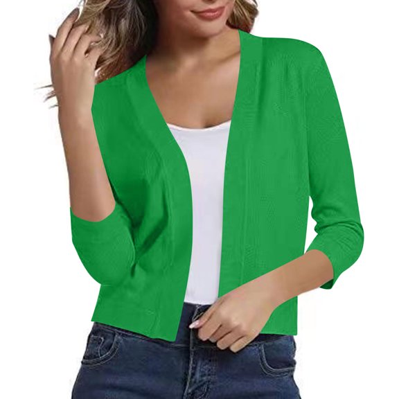 Womens Light Weight Cardigans for Fall 3/4 Length Sleeve Open Front Cropped Sweaters Trendy Bolero Shrugs Tops Green, XL