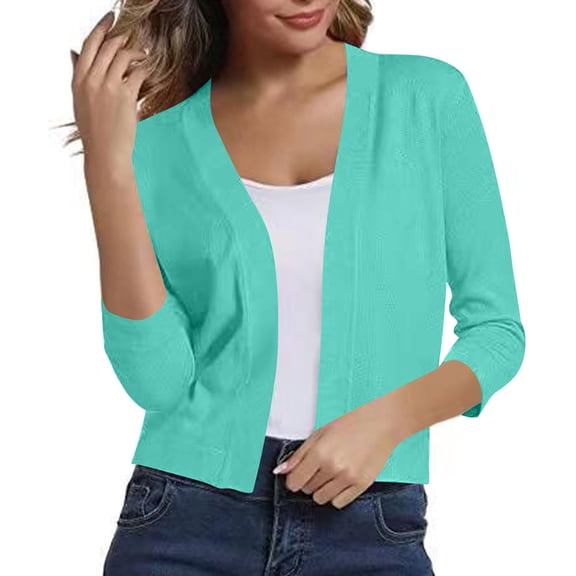 Womens Light Weight Cardigans for Fall 3/4 Length Sleeve Open Front Cropped Sweaters Trendy Bolero Shrugs Tops Light Blue, S