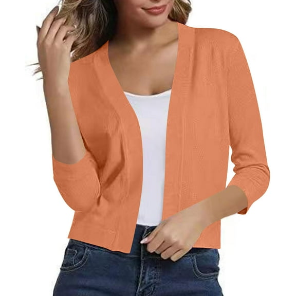 Womens Light Weight Cardigans for Fall 3/4 Length Sleeve Open Front Cropped Sweaters Trendy Bolero Shrugs Tops Orange, S