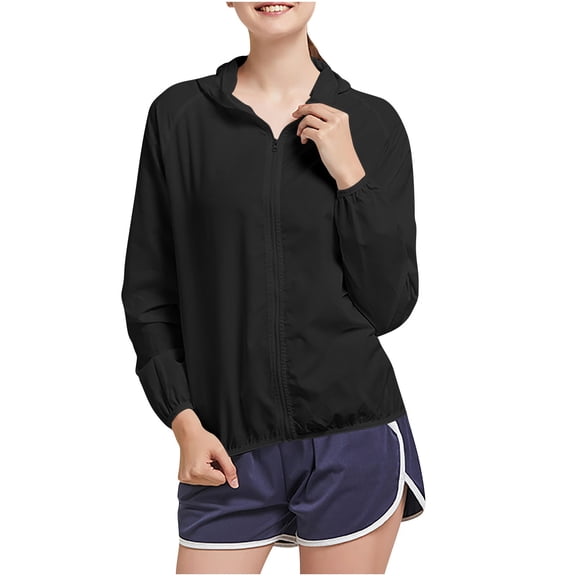 Womens Light Weight Hooded Jacket Hiking Plus Size Outdoor Coats Quick Dry Long Sleeve Zipper Jackets Black, 2XL