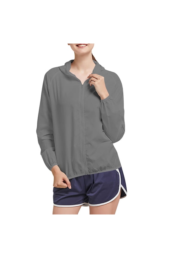 Womens Light Weight Hooded Jacket Hiking Plus Size Outdoor Coats Quick Dry Long Sleeve Zipper Jackets Gray, 4XL