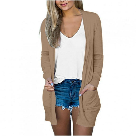 Womens Light Weight Open Front Long Cardigan with Pockets, Loose Casual Solid Color Thin Coats Ladies Winter Coat Khaki S