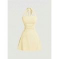 thumbnail image 1 of Womens Light Yellow Halter Neck Ruched Waist A-Line Mini Dress, 1 of 5