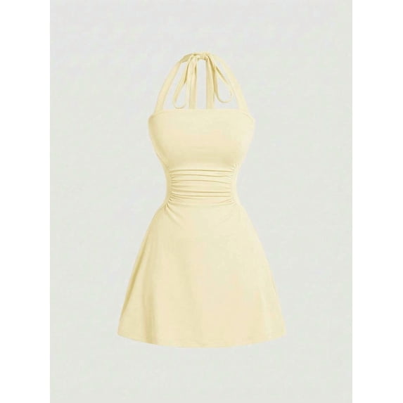 Womens Light Yellow Halter Neck Ruched Waist A-Line Mini Dress