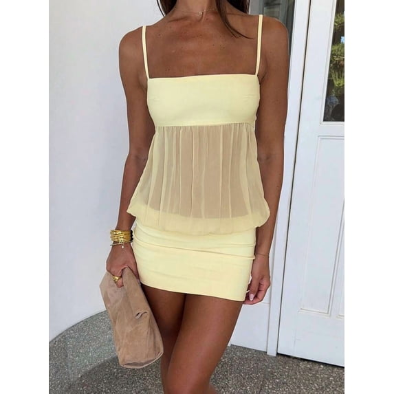 Womens Light Yellow Strap Mini Dress With Sheer Peplum Skirt For Summer