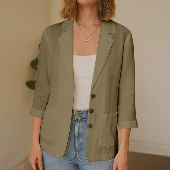 Womens Lightweight 3/4 Sleeve Cotton Blazer Casual Open Front Work Jacket Coffee,Size L