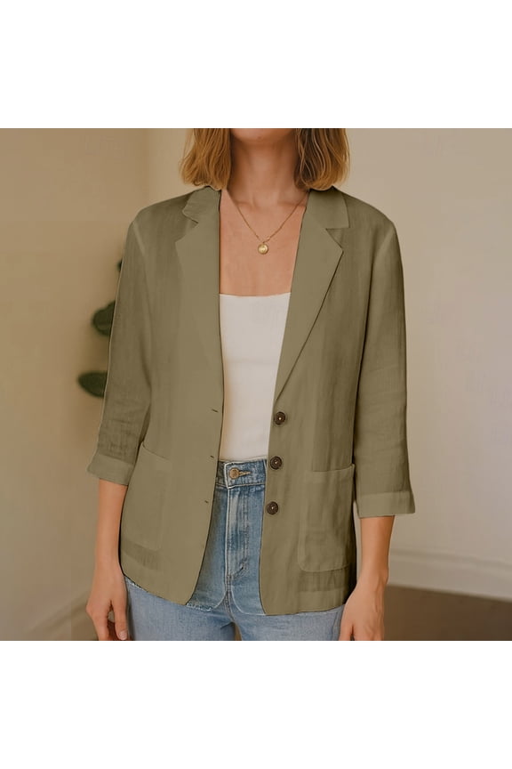 Womens Lightweight 3/4 Sleeve Cotton Blazer Casual Open Front Work Jacket Coffee,Size L