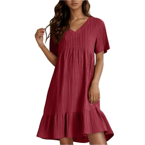 Womens Lightweight A-Line Dresses V Neck Ruffle Tiered Layered Short Sleeve Loose Gauze Dresses Knee Length Cotton Linen Party Beach Dresses Wine L