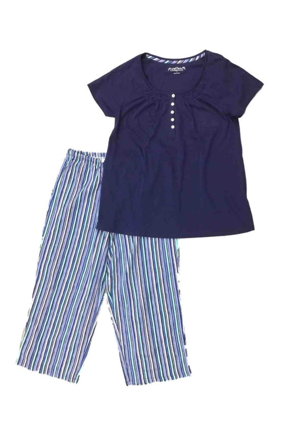 Womens Lightweight Blue Stripes Knit Pajamas Short Sleeve Sleep Set Small