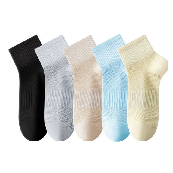 Womens Lightweight Breathable Ankle Socks 5-Pack Cushioned Sole Mesh Texture Soft Stretch Comfort Fit - 5 pcs-C
