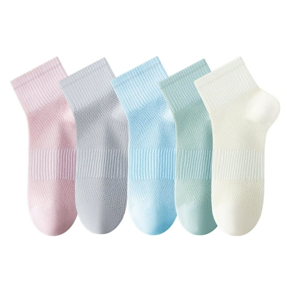 Womens Lightweight Breathable Ankle Socks 5-Pack Cushioned Sole Mesh Texture Soft Stretch Comfort Fit - 5 pcs-E