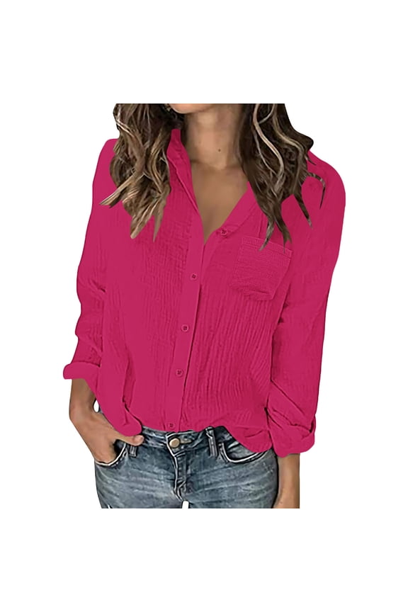 Womens Lightweight Button Down Shirts Long Sleeve Collared Linen Blend Loose Blouses with Chest Pocket (2XL, Hot Pink)