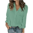 thumbnail image 1 of Womens Lightweight Button Down Shirts Long Sleeve Collared Linen Blend Loose Blouses with Chest Pocket (S, Green), 1 of 7
