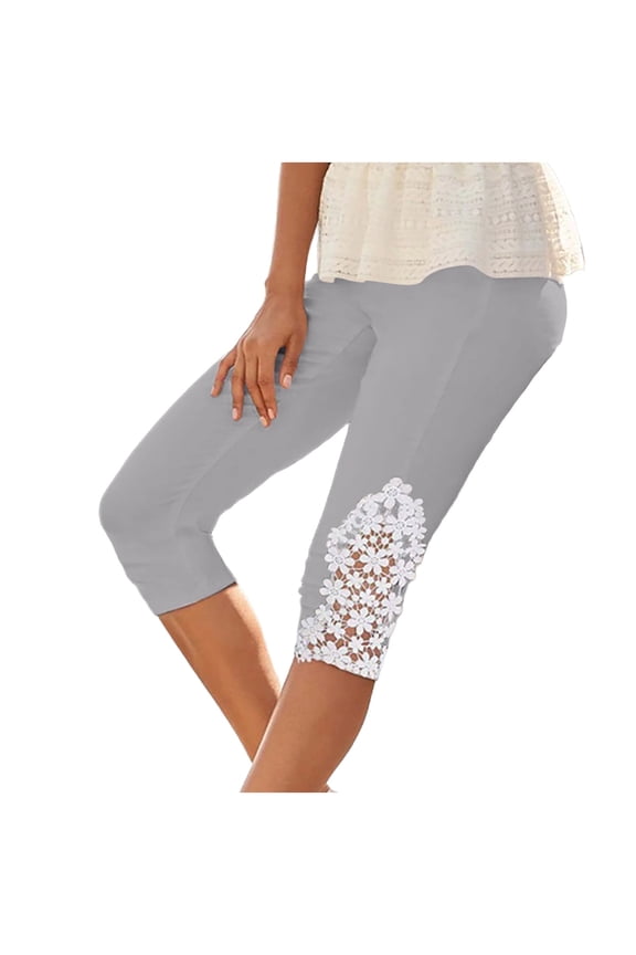 Womens Lightweight Capris Leggings, Floral Lace High Waist Leggings Skinny Cropped Workout Yoga Pants Sport Casual Pants Gray XXL