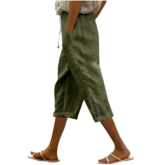 Womens Lightweight Capris Pants New Women Summer Pants Casual Solid Color Drawstring Side Button Elastic Waist Linen Pockets Pants Army Green XXL