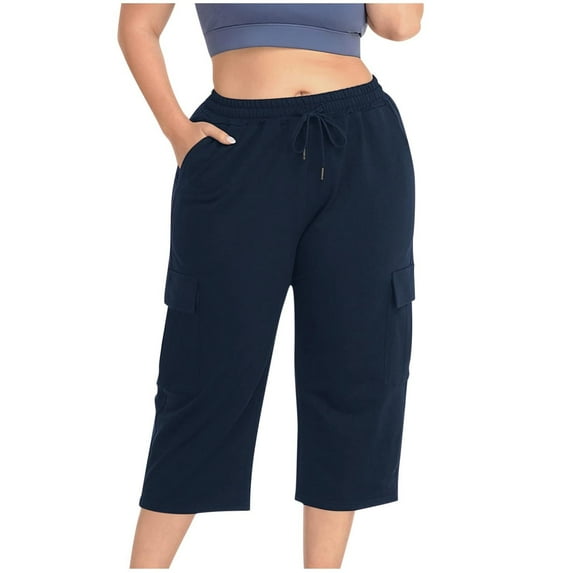 Womens Lightweight Capris Pants New Womens Capris with Pockets Plus Size Cotton Yoga Pants Elastic Waist Loose Fitting Activewear Cropped Pants Navy 3XL