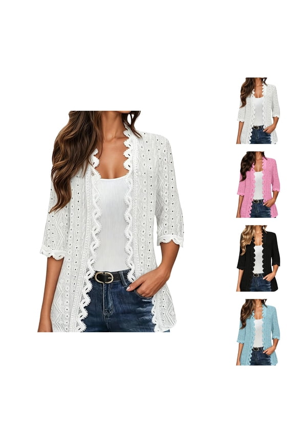 Womens Lightweight Cardigan Half Sleeve Hollow out Lace Trim Open Front Kimono Cardigans Summer Beach Coverups