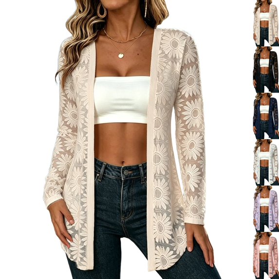 Womens Lightweight Cardigan Long Sleeve Open Front Jacquard Sheer Cardigan | Beach Cover Up, Thin Cardigan, Cute, Business Casual, Light, Jackets, Shrugs, Outerwear, Fall Fashion 2026 Beige,2XL