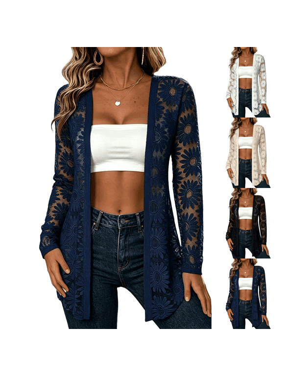 Womens Lightweight Cardigan Open Front Long Sleeve Sheer Cardigan Jacquard, Beach Cover Up, Thin Cardigan, Cute, Business Casual, Light, Jackets, Shrugs, Outerwear, Fall Fashion 2026 Navy M