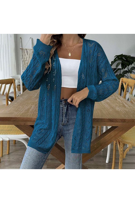 Womens Lightweight Cardigans Hollow Out Knit Cozy Sweater Casual Long Sleeve Cover Ups Open Front Outwear (One Size, Navy)