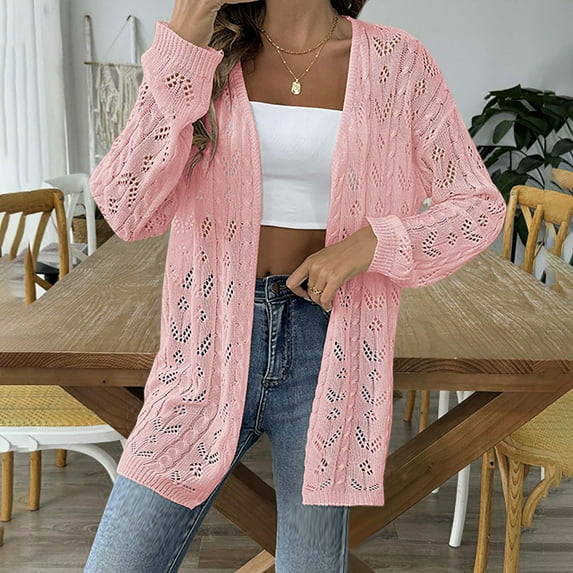 Womens Lightweight Cardigans Hollow Out Knitted Thin Sweater Casual Long Sleeve Cover Ups Open Front Outwear (One Size, Pink)