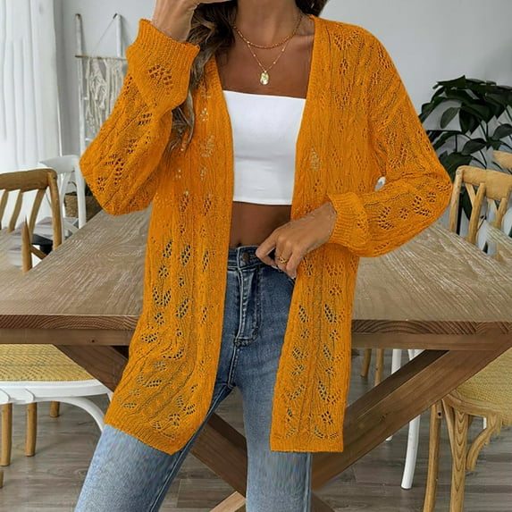 Womens Lightweight Cardigans Hollow Out Knitted Thin Sweater Casual Long Sleeve Cover Ups Open Front Outwear (One Size, Yellow)