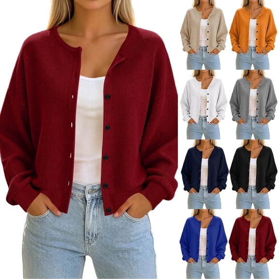 Womens Lightweight Chunky Knit Sweaters Fall Drop Shoulder Loose Fit Long Sleeve Button Down Cardigan Wine S-2XL
