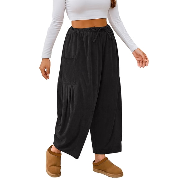 Womens Lightweight Corduroy Wide Leg Barrel Pants Casual Baggy Elastic Waisted Palazzo Pants with Pockets Black 2XL