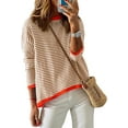 thumbnail image 1 of Womens Lightweight Cotton Sweaters Long/Short Sleeve Crew Neck Color Block Striped Casual Knitted Pullover Tops, 1 of 6