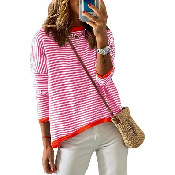 Womens Lightweight Cotton Sweaters Long/Short Sleeve Crew Neck Color Block Striped Casual Knitted Pullover Tops