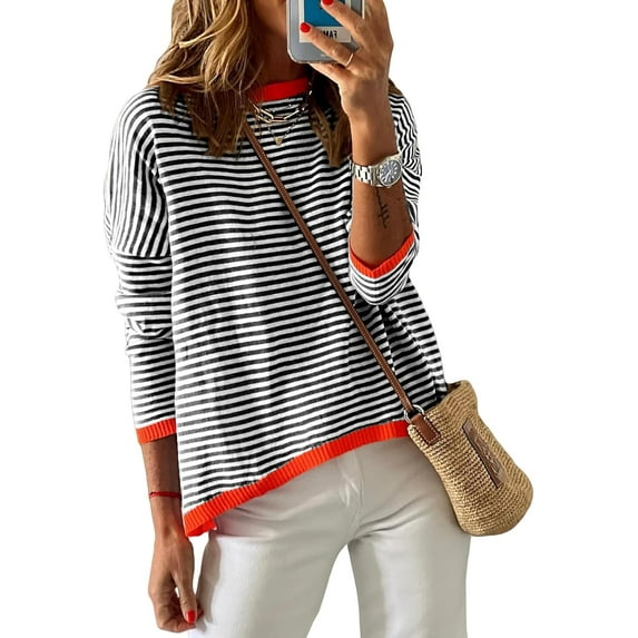 Womens Lightweight Cotton Sweaters Long/Short Sleeve Crew Neck Color Block Striped Casual Knitted Pullover Tops