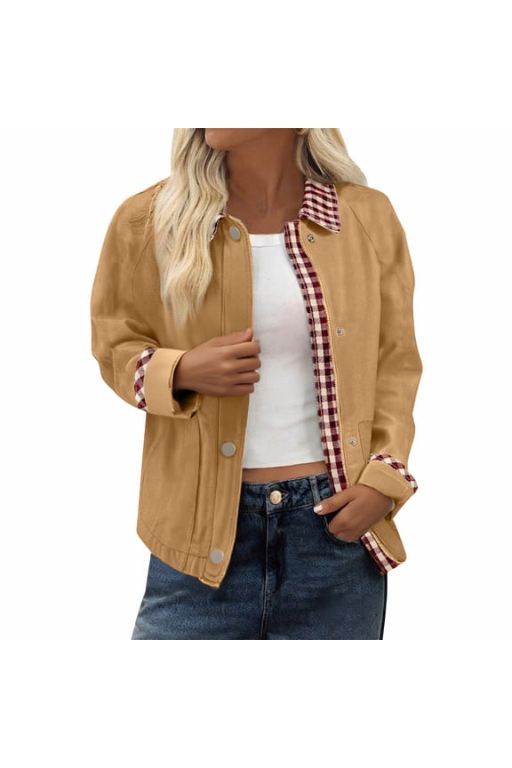 Womens Lightweight Cropped Shacket Loose Casual Zip up Jackets Fall Contrast Plaid Outerwear Coat New Fashion Jackets for Women Gold S