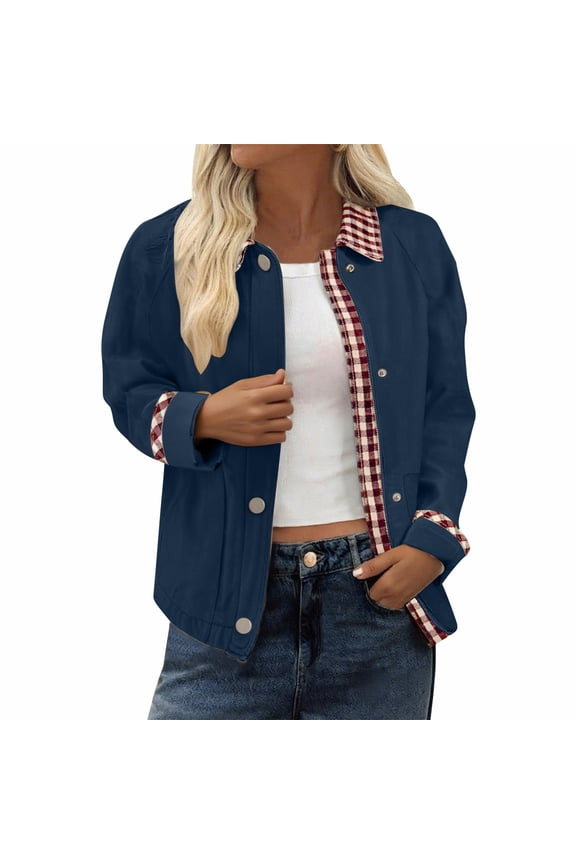 Womens Lightweight Cropped Shacket Loose Casual Zip up Jackets Fall Contrast Plaid Outerwear Coat New Open Front Jacket for Women Navy XL