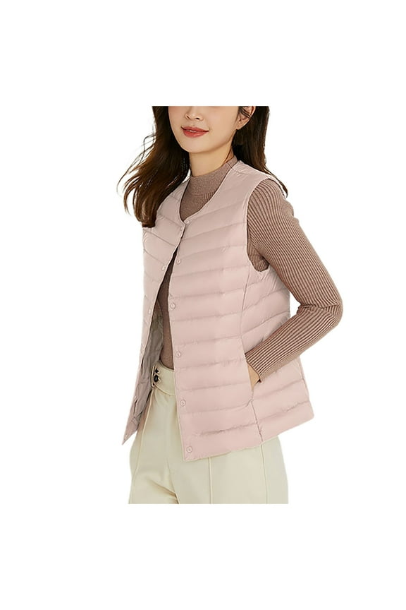 Womens Lightweight Down Jacket Sleeveless Plus Size Collarless Snap Up Soft Warm Puffer Vest Winter Coat Waistcoat (4X-Large, Pink)