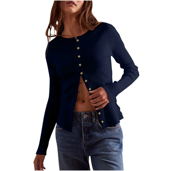 Womens Lightweight Fitted Stretch Sweaters Crew Neck Long Sleeve Tops Blouse Button Down Ribbed Knit Cardigan