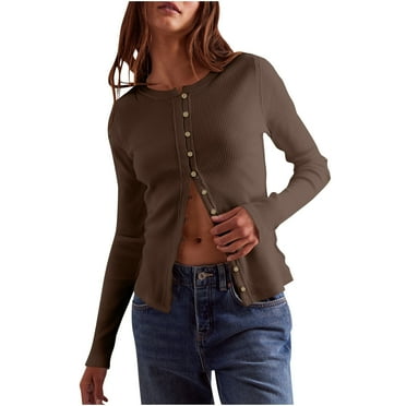 Womens Lightweight Fitted Stretch Sweaters Crew Neck Long Sleeve Tops Blouse Button Down Ribbed Knit Cardigan