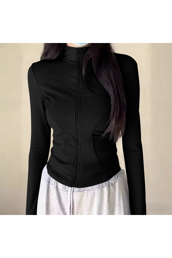 Womens Lightweight Full Zip Athletic Jacket Cropped Slim Fit Workout Top Black,Size S